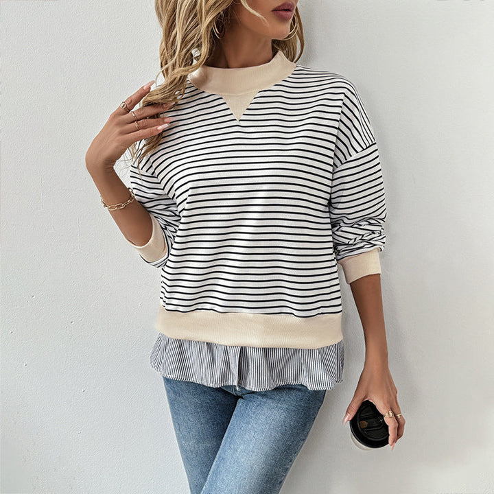 Damen gestreifter Sweatshirt mit Layering-Effekt und Rundhalsausschnitt W&W Mode