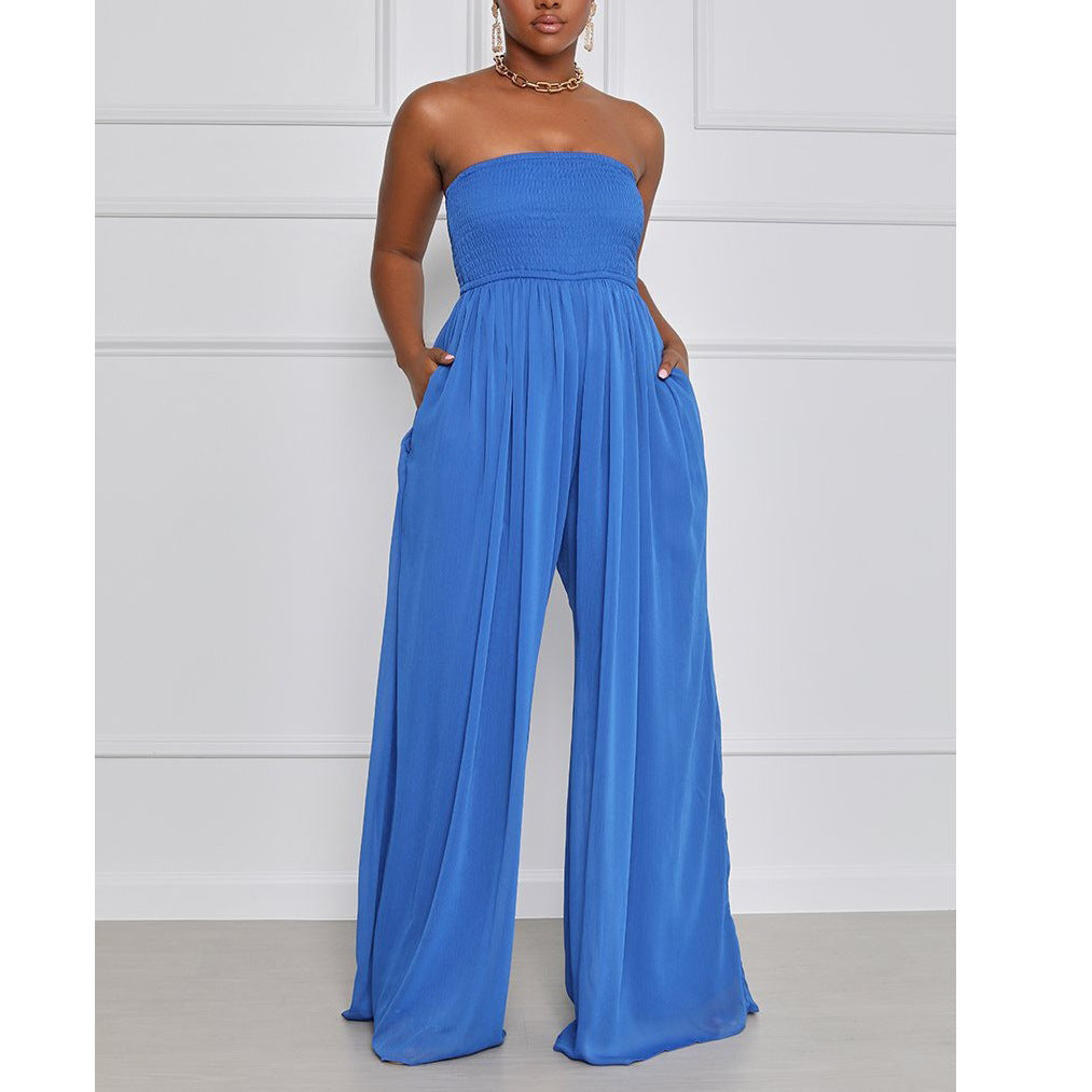 Damen eleganter Jumpsuit mit schulterfreiem Design und elastischem Oberteil WW