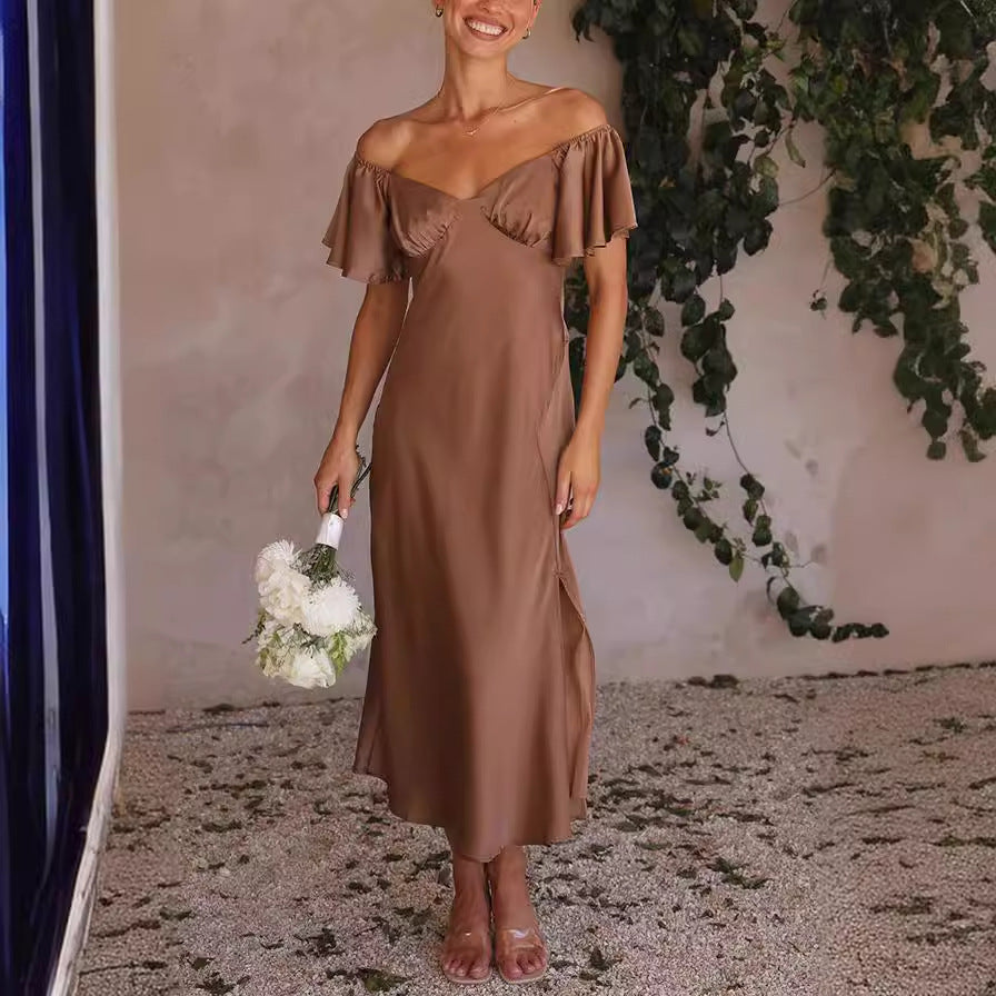Damen Off-Shoulder Midi-Kleid mit voluminösen Ärmeln und eleganten Akzenten WW