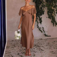 Damen Off-Shoulder Midi-Kleid mit voluminösen Ärmeln und eleganten Akzenten WW