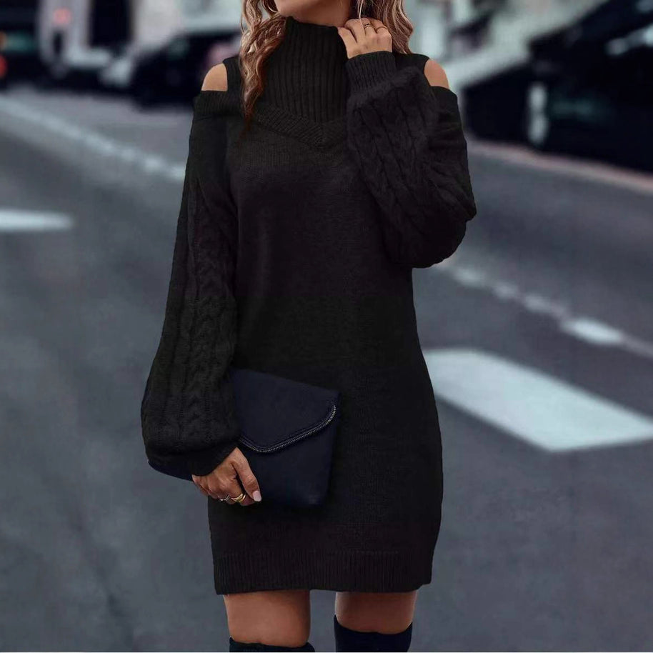 Damen Strickkleid mit hochgeschlossenem Kragen und offener Schulterpartie WW