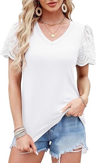 Damen V-Ausschnitt T-Shirt mit Spitzenärmeln WW