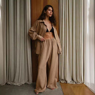 Damen Bequemes Leinen-Loungewear-Ensemble mit weiten Ärmeln und fließender Hose WW