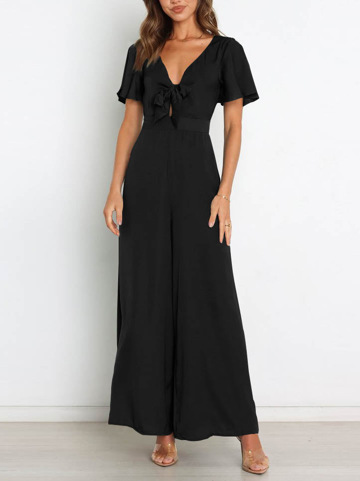 WW | Kurzarm Breite Beinform Lässig V-Ausschnitt Jumpsuit