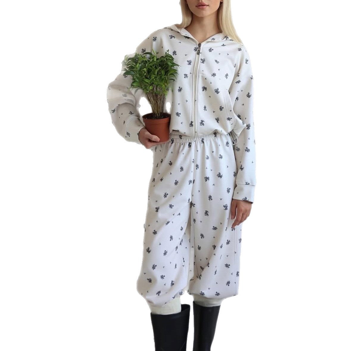 Damen Sportlicher Freizeitanzug mit floralem Muster und hohem Kragen WW