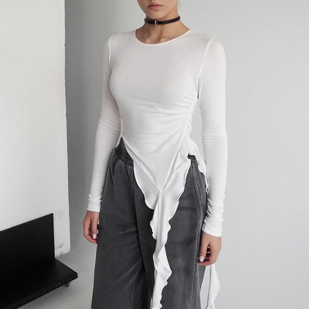 Damen asymmetrisches Langarmshirt mit Rüschendetails WW