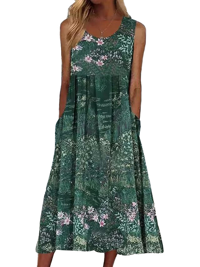 Damen Ärmelloses Blumendruck Maxikleid mit Taschen WW