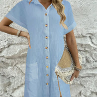 Damen Knielanges Hemdblusenkleid mit knopfbarem Design und praktischen Taschen WW