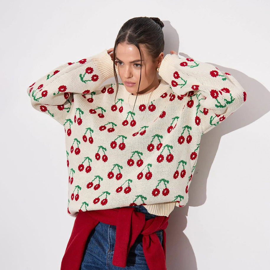 Damen Strickpullover mit fruchtigem Muster WW