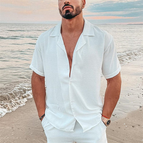 Herren nan luftiges Strandhemd aus Leinenmix mit Reverskragen und offener Knopfleiste W&W Mode
