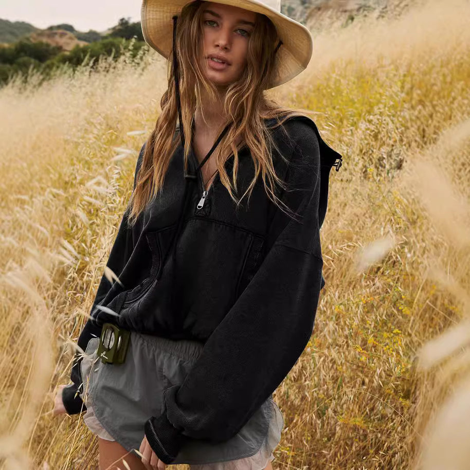 Damen sportlicher Kapuzenpullover mit halbem Reißverschluss und funktionalen Taschen WW