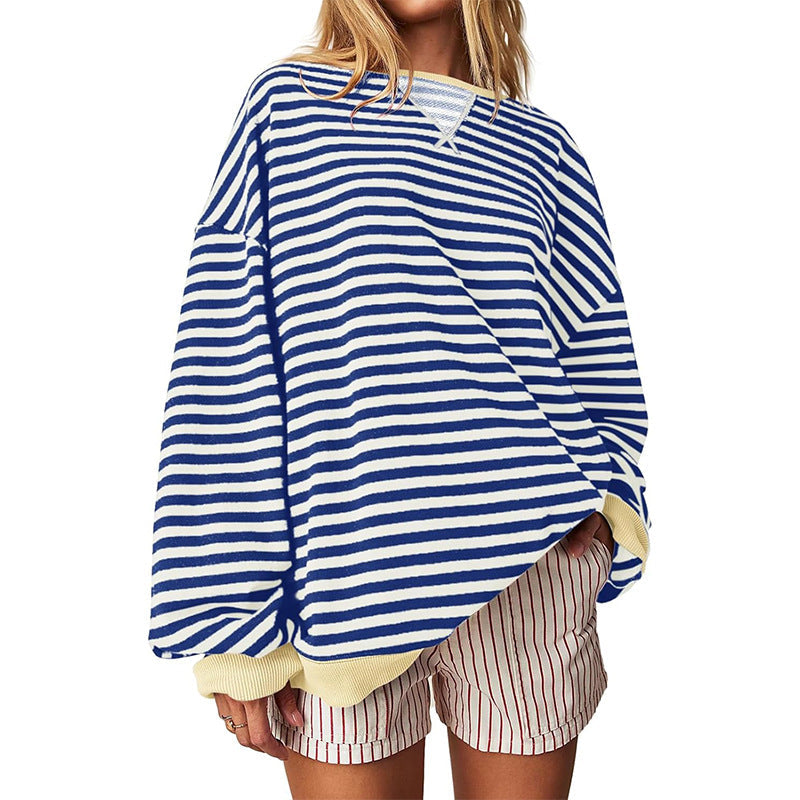 Damen Bequeme Streifenpulli mit Raglanärmeln und elastischen Bündchen W&W Mode