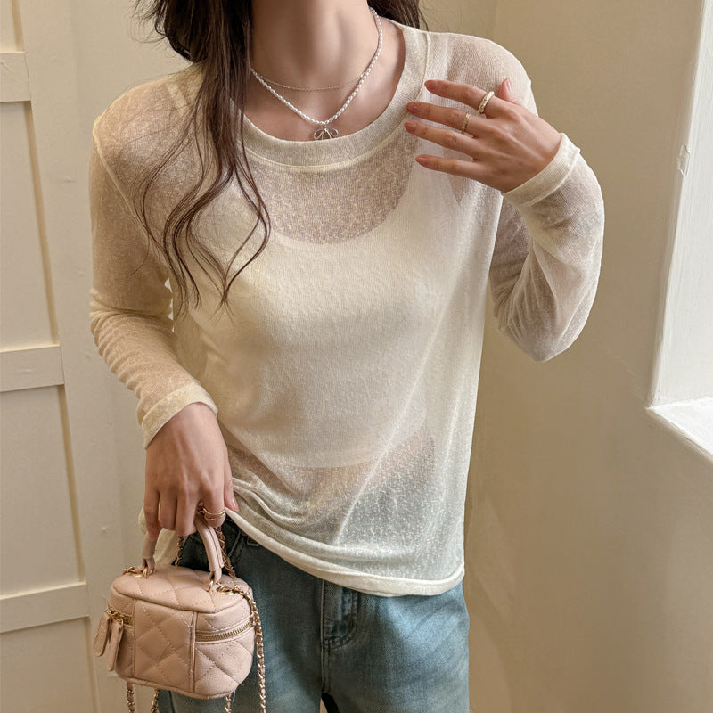 Damen transparentes Langarmshirt aus leichtem, luftdurchlässigem Material WW