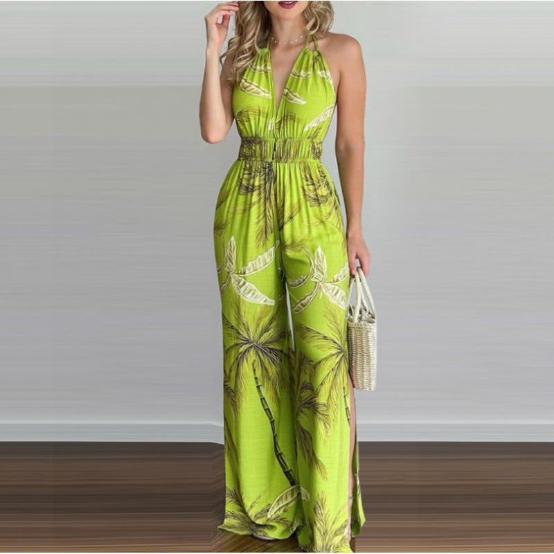 Frauen Bohemian Halfter Hals Maxi Jumpsuit mit seitlichen Schlitzen WW