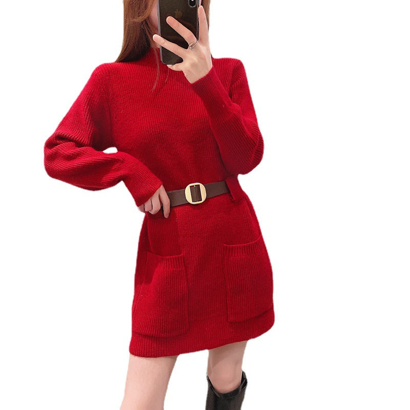 Damen Strickkleid mit hochgeschlossenem Kragen und praktischen Taschen WW