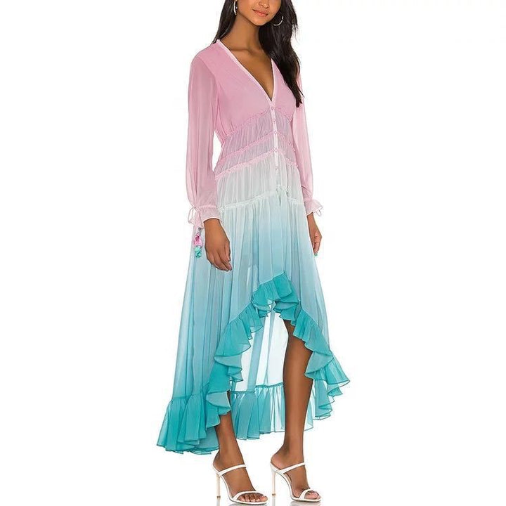 Damen Boho Maxikleid mit voluminösem Rock und Rüschen W&W Mode