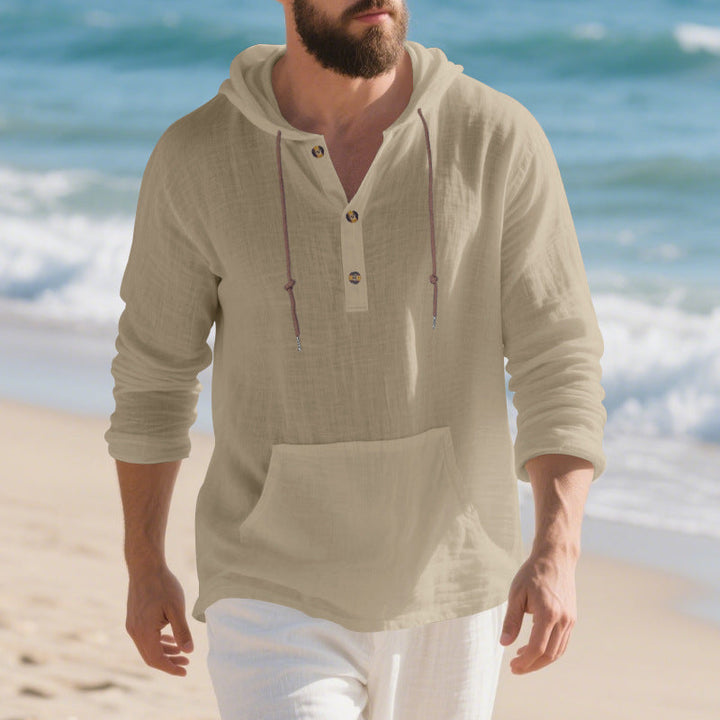 Herren nan leichtes Kapuzen-Henley aus Leinen-Baumwollmix mit Kängurutasche und Knopfleiste W&W Mode