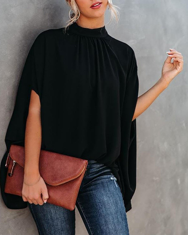 Damen elegante Tunika mit hohem Kragen und weiten Ärmeln WW