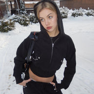 Damen sportlicher Cropped Hoodie mit innovativen Druckknopfdetails WW