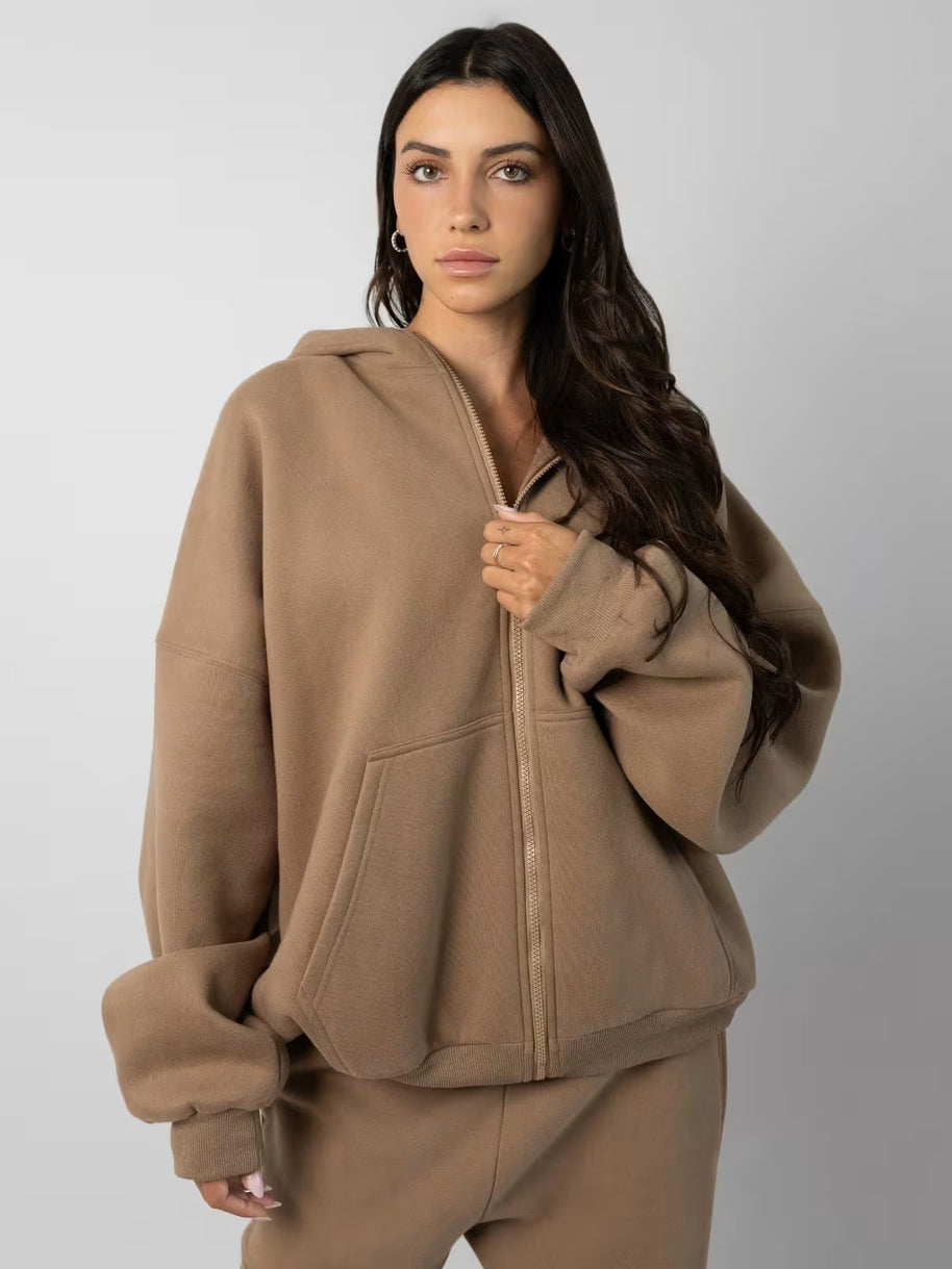 Damen sportliches Fleece-Hoodie-Set mit Reißverschluss und weiten Hosen WW