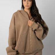 Damen sportliches Fleece-Hoodie-Set mit Reißverschluss und weiten Hosen WW