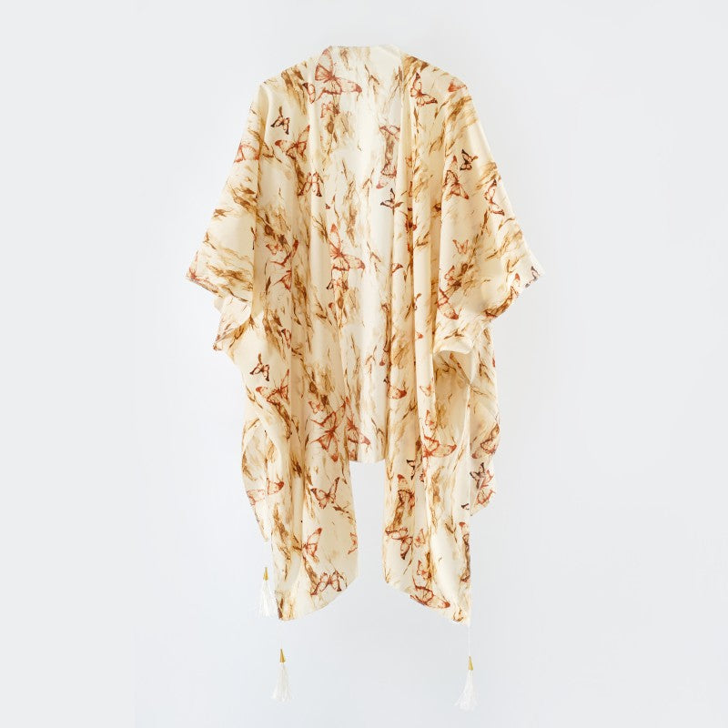 Damen eleganter Kimono mit kunstvollem floralem Muster und fransigen Kanten WW