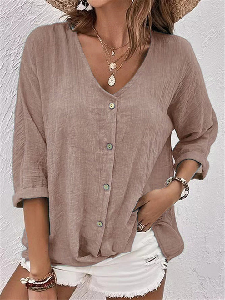 Damen lässige Bluse mit Knopfleiste und V-Ausschnitt W&W Mode