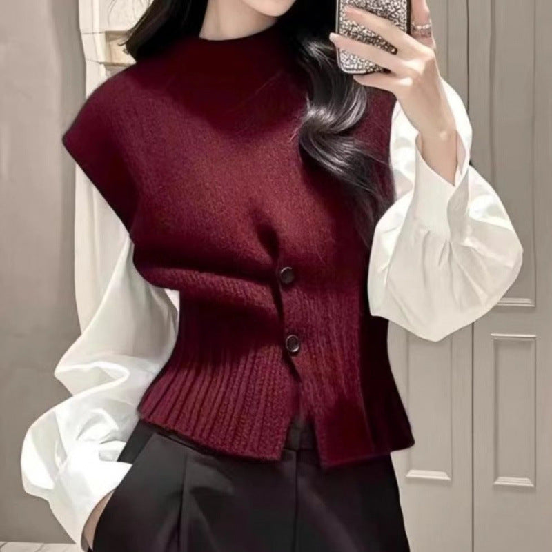 Damen Strickweste mit Rollkragen und Sichtbarem Knopfverschluss WW
