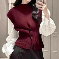 Damen Strickweste mit Rollkragen und Sichtbarem Knopfverschluss WW