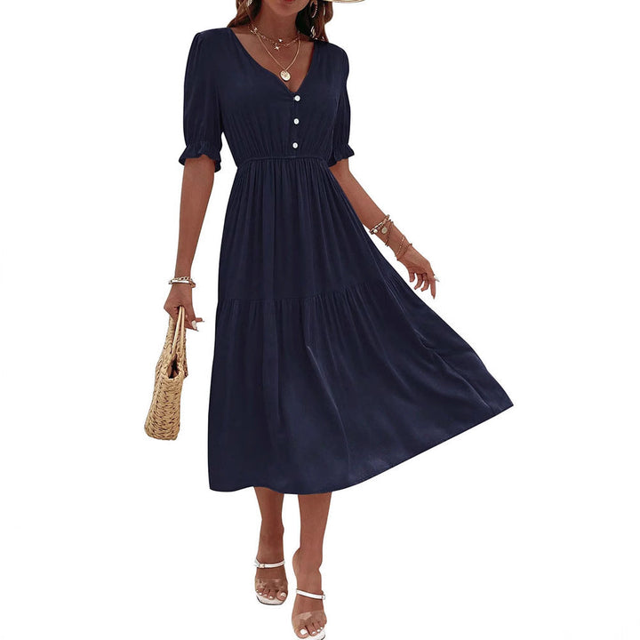 Damen Midi-Kleid mit knöpfbarem V-Ausschnitt und luftigen Puffärmeln W&W Mode