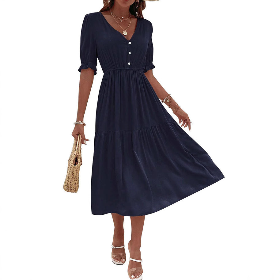 Damen Midi-Kleid mit knöpfbarem V-Ausschnitt und luftigen Puffärmeln WW