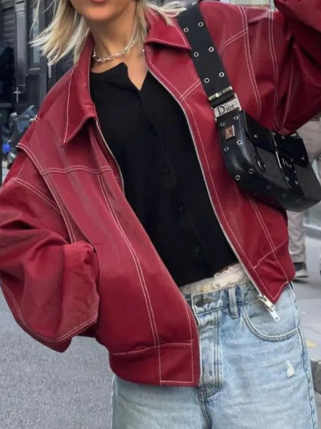 Damen stilvolle Kunstlederjacke mit Drapierung und taillierbarem Gürtel WW