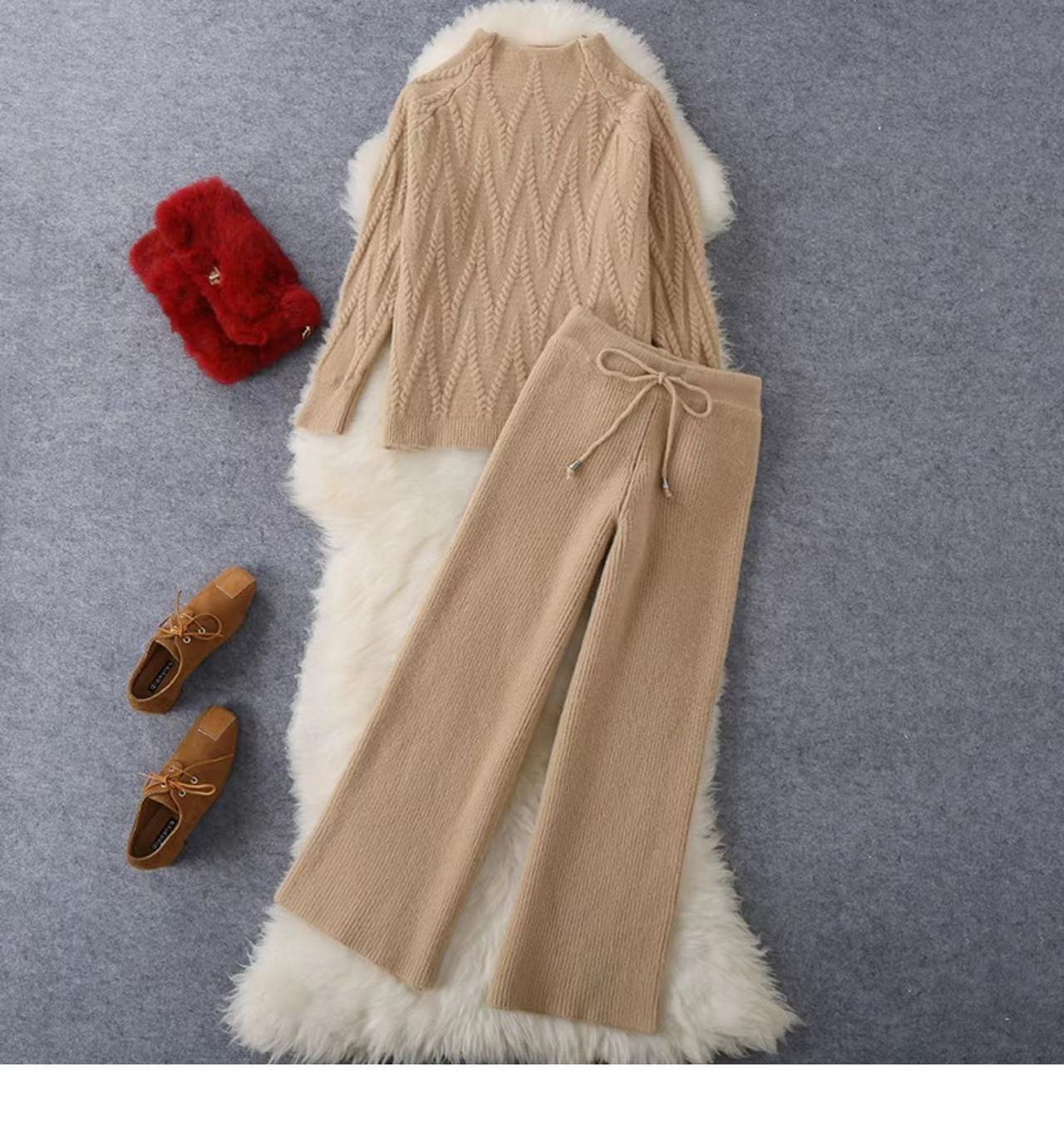 Damen Set aus Strickpullover und Weit geschnittenen Hose WW