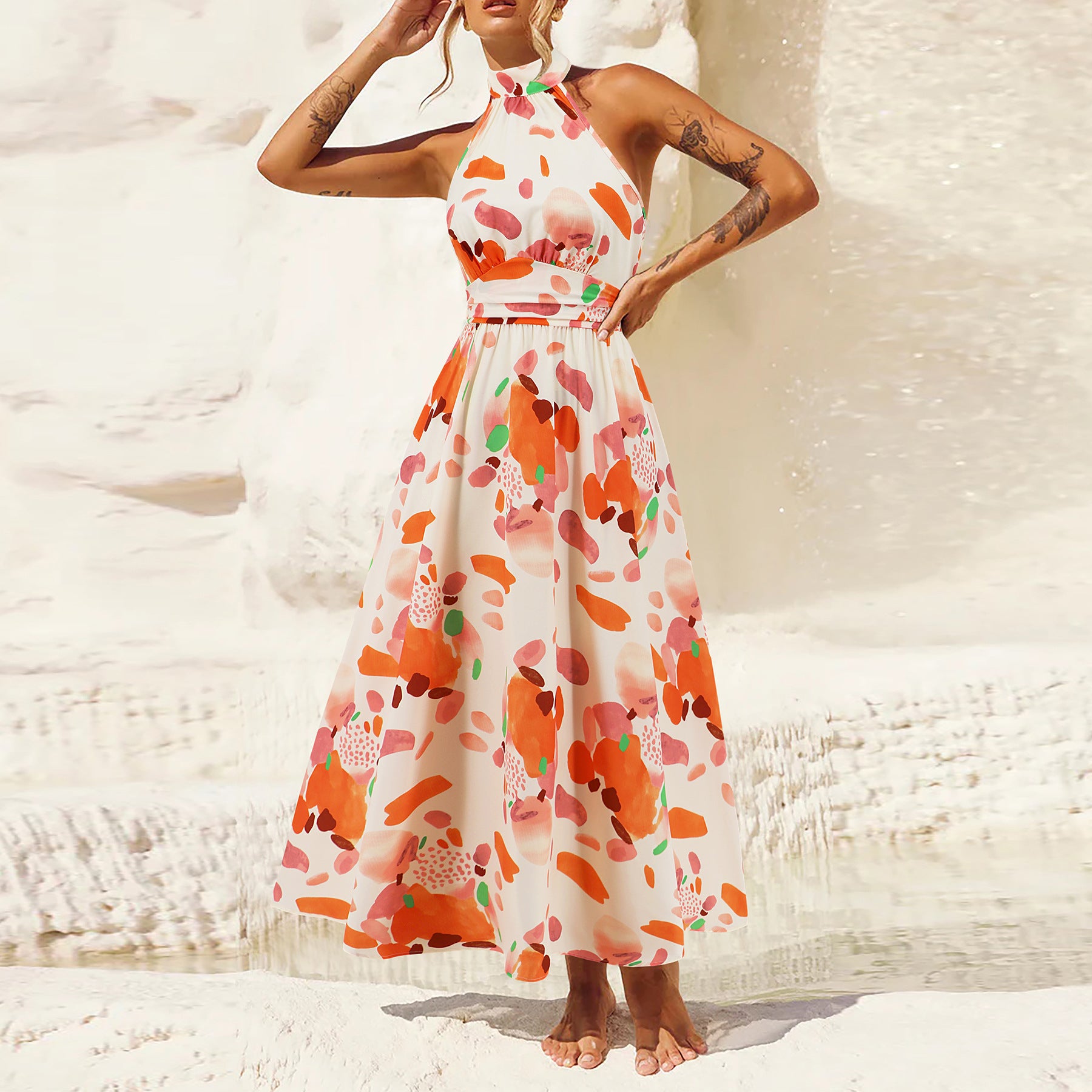 Damen Maxikleid mit hochgeschlossenem Kragen und buntem Blätterdruck WW