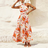 Damen Maxikleid mit hochgeschlossenem Kragen und buntem Blätterdruck WW