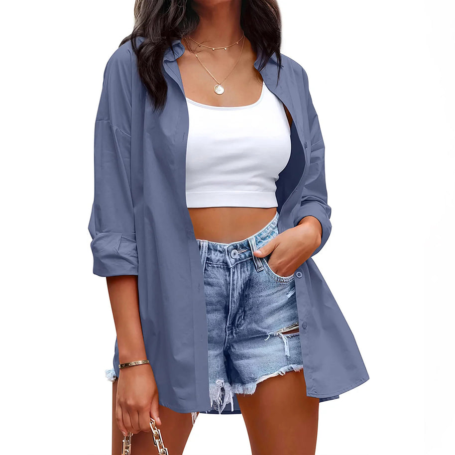 Damen lässige Leinenbluse mit langen Ärmeln und Knopfleiste WW