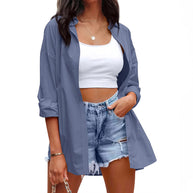Damen lässige Leinenbluse mit langen Ärmeln und Knopfleiste WW