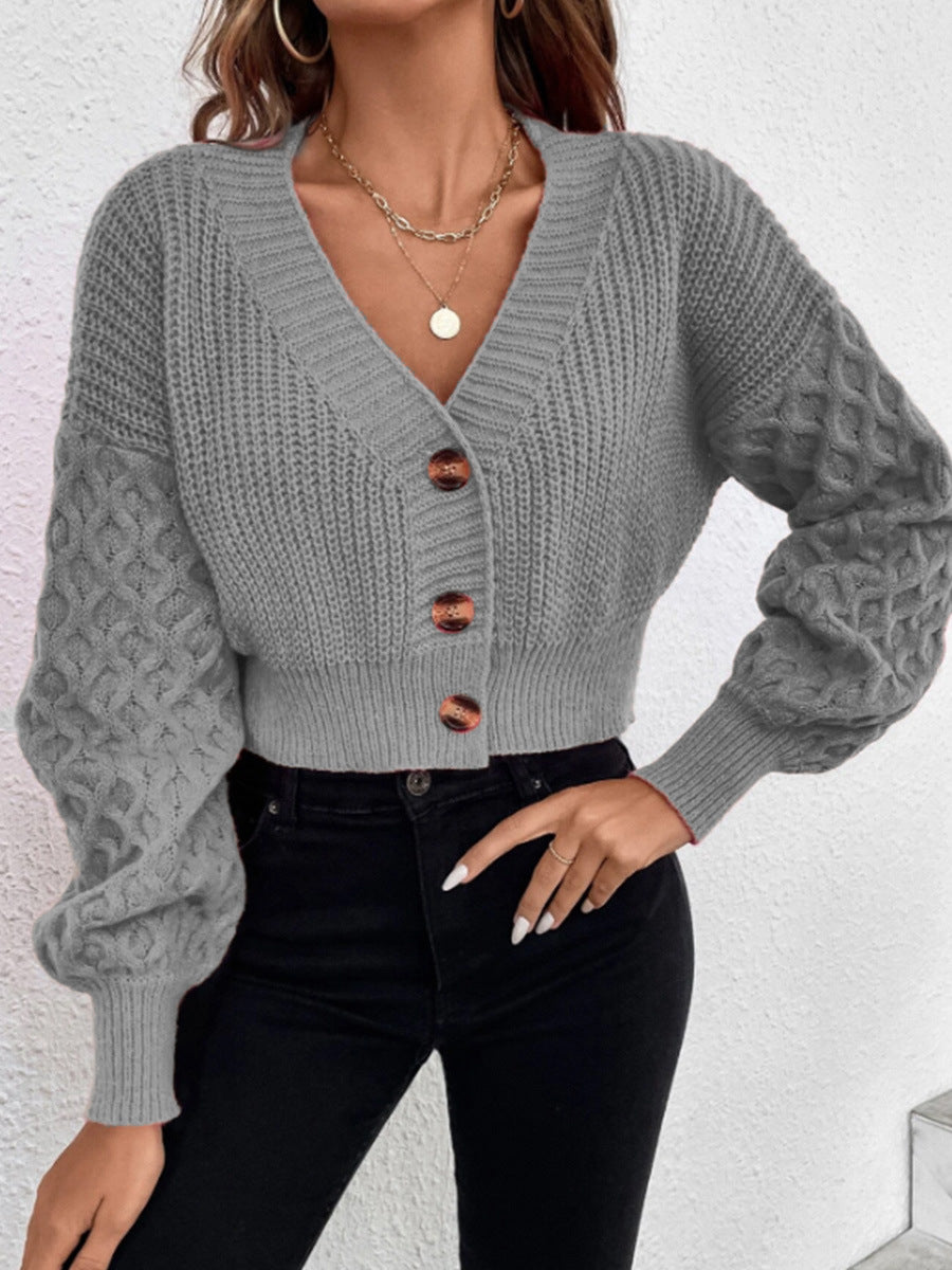 Damen Strickjacke mit tiefem V-Ausschnitt und Puffärmeln WW