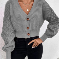 Damen Strickjacke mit tiefem V-Ausschnitt und Puffärmeln WW