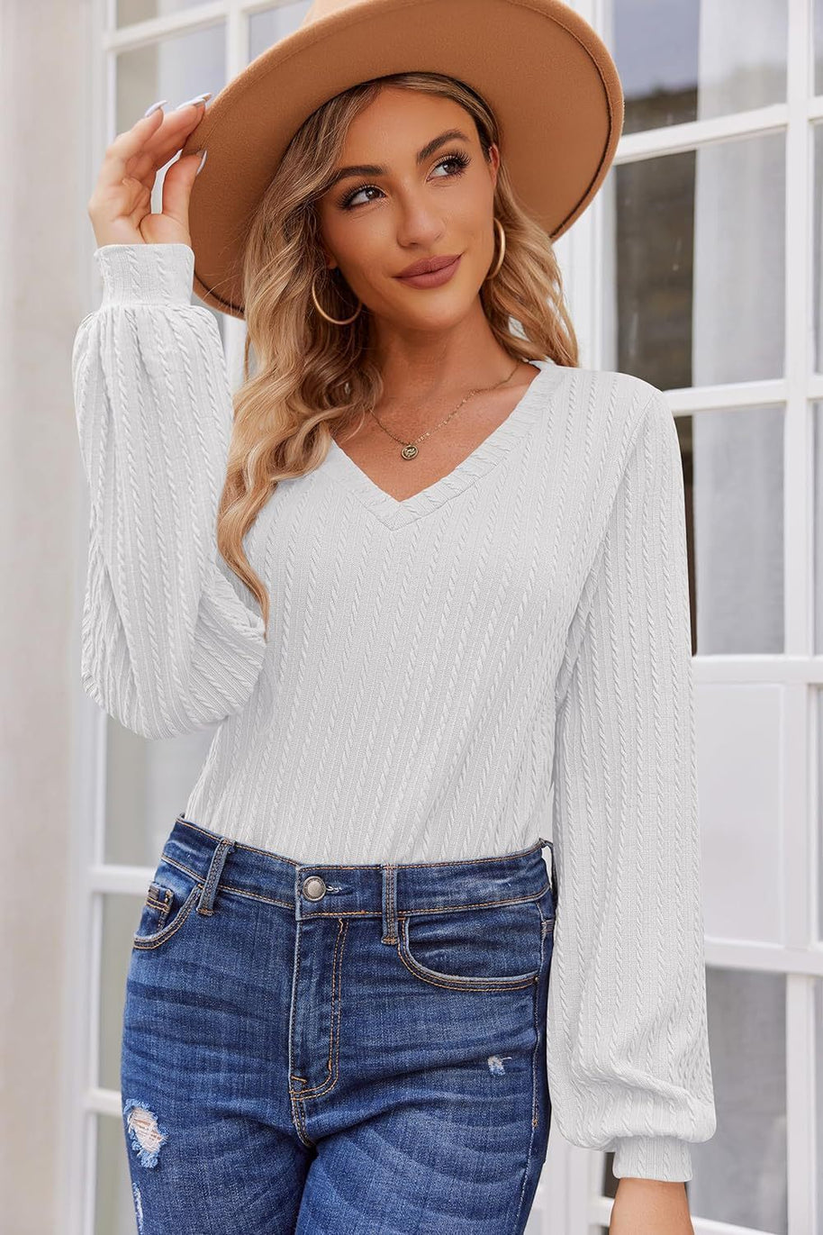 Damen Strickbluse mit feiner Rippstruktur und lässigem V-Ausschnitt WW