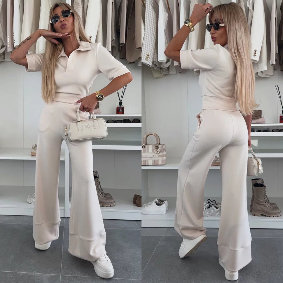 Damen sportliches Lounge-Set mit schicker Polo-Kragen und weitem Bein WW