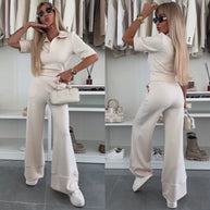 Damen sportliches Lounge-Set mit schicker Polo-Kragen und weitem Bein WW