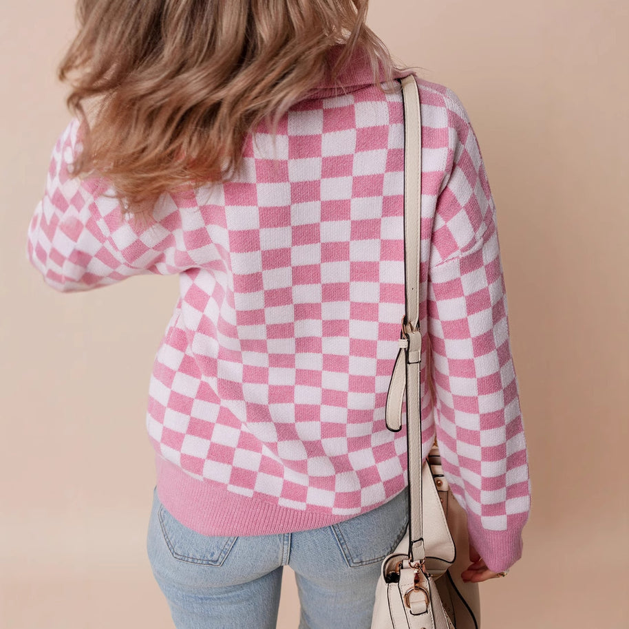 Damen gemütlicher Sweatpullover mit Karomuster und Knopfdetail WW