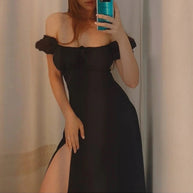Damen Off-Shoulder Maxikleid mit schmeichelndem Split und elastischem Oberteil WW