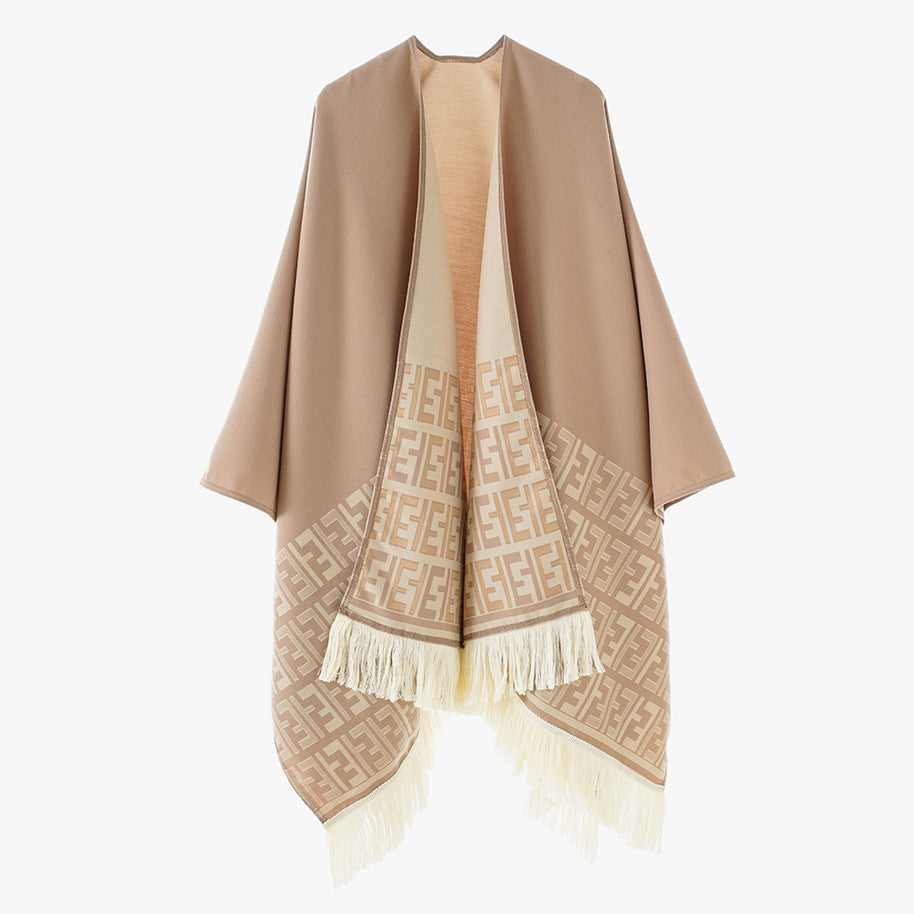 Damen eleganter Überwurf-Poncho mit kunstvollem Fransen-Design und besonderen grafischen Mustern WW