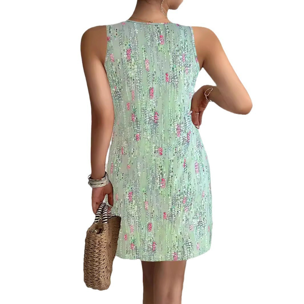 Damen ärmelloses Blusenkleid mit floralem Design und modischen Knopfdetails WW