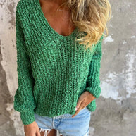 Damen Bequemes V-Ausschnitt Sweatshirt mit Struktur und langen Ärmeln WW