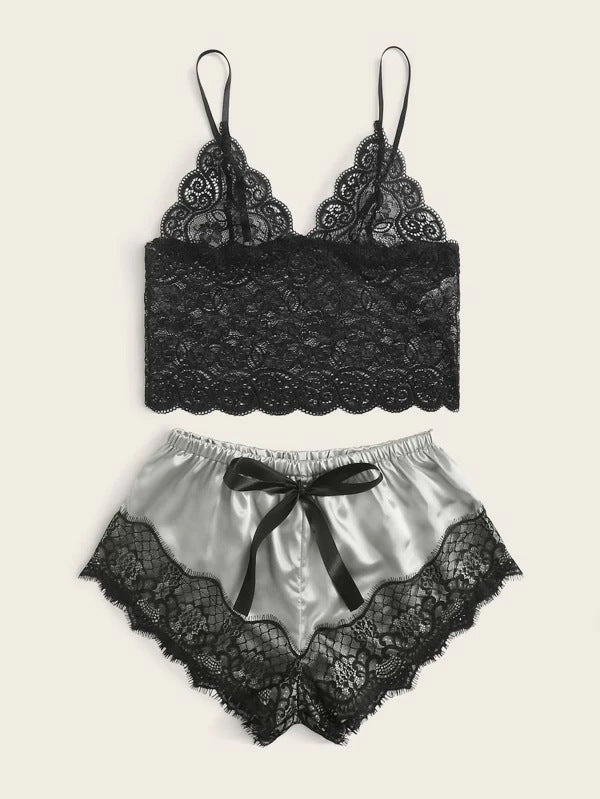 Damen Spitzenbesetztes Top und Shorts Set WW