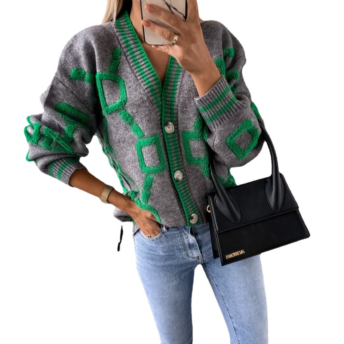 Damen Strickjacke mit grafischem Muster und V-Ausschnitt WW