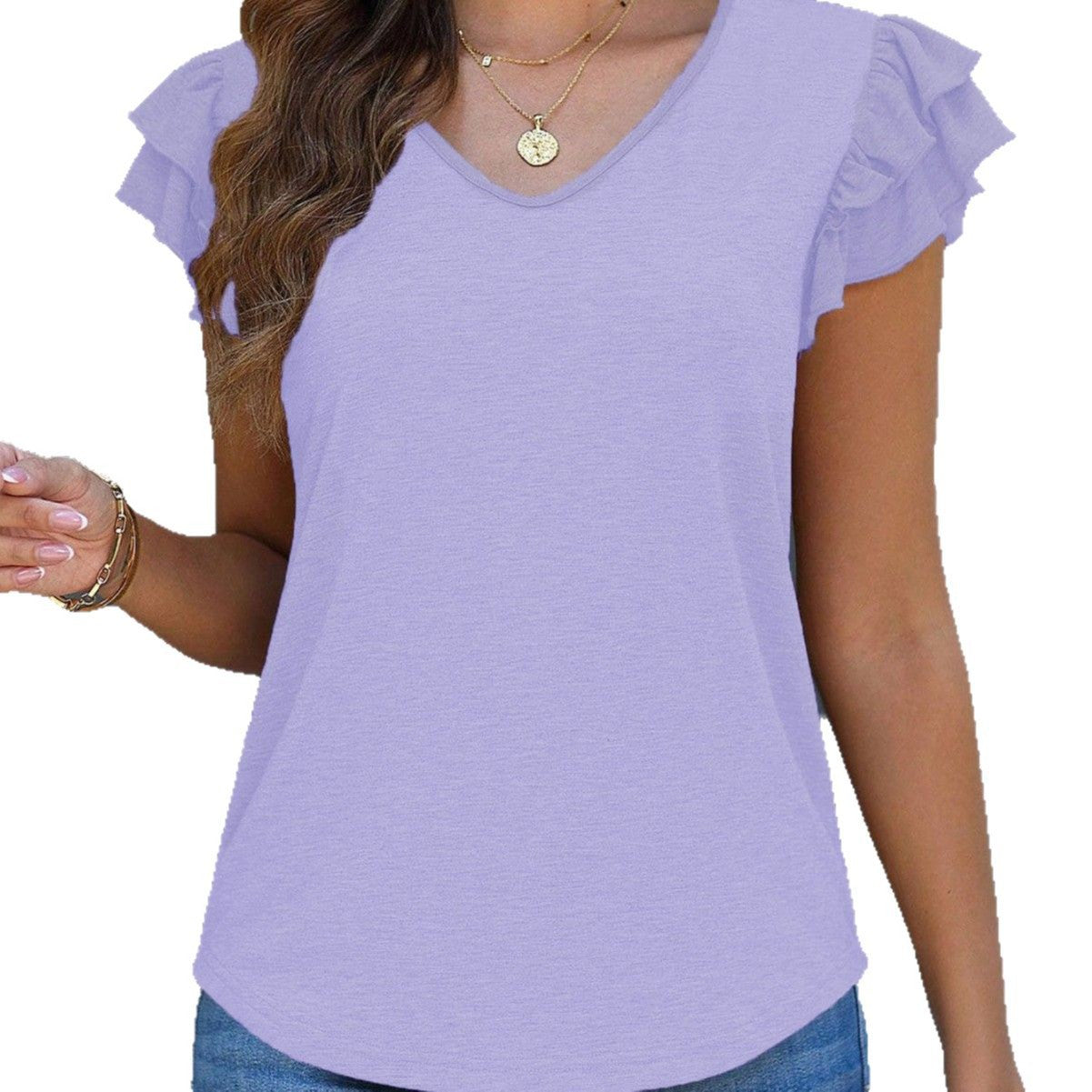 Damen V-Ausschnitt T-Shirt mit Rüschendetails und weich fließendem Stoff WW